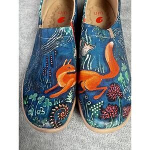 uin fox art shoes teal canvas slip on boho whimsical forest 9.5 statement flats